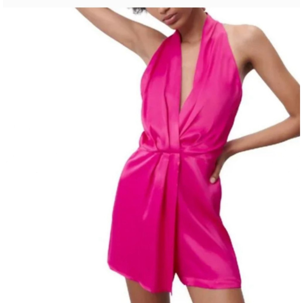 Zara Hot 🔥 Pink Halter Romper Faux Wrap Playsuit with Sexy Strapy Back Detail - Picture 5 of 9